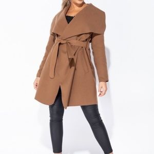 Mid Length Oversized Belted Waterfall Coat Brown NWT.